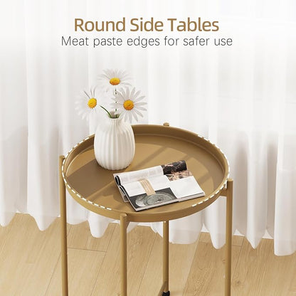 Garden 4 you Small Side Table, Gold Mini Round End Table, Tray Table with Metal Frame, Modern Nightstand for Living Room, Bedroom, Patio, Small Space, 1PCS