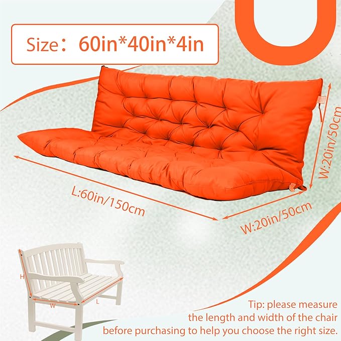 2/3 Seater Swing Replacement Cushion, Waterproof Porch Swing Cushions with Backrest, Thickened Bench Cushions for Outdoor Furniture, for Outdoor Patio Swing (Orange, 60 * 40 in)