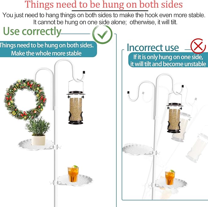 Upgraded 74" Shepherd's Hook Stand Plant，Bird Feeder，White Wind Chime Hanger Stand, Waterproof Metal & Adjustable-Height Standing Pole Holder for Wreath, Indoor & Outdoor（2 Placement Racks