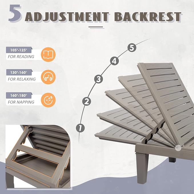 Outdoor Lounge Chairs Set of 4, 5-Position Adjustable Tanning Chairs with Wood Grain, All-Weather Resin Patio Recliners for Pool, Garden, Deck, Beach, Patio Lounge Chairs, Texture Grey