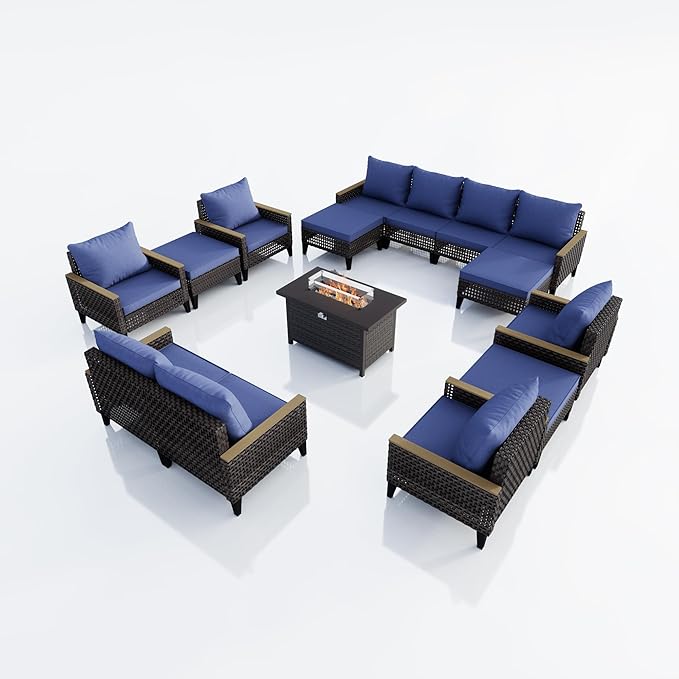 15-Piece Outdoor Patio Furniture Set, Wicker Rattan Conversation Set with Fire Pit Table and Foot Rest, Sectional Modular Sofa Couches Chairs Ottomans for Deck, Balcony, Backyard, Yard (Blue Cushions)