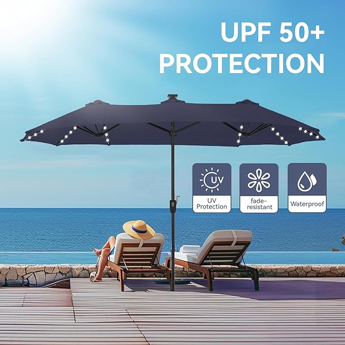 GREEN PARTY 13 ft Rectangle Patio Umbrella with Solar Lights, Double-Sided Market Table Umbrella with Crank, Large Outdoor Umbrellas for Patio Poolside Garden Backyard, Navy Blue