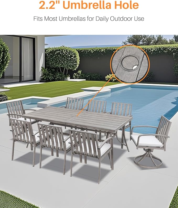 Aluminum Outdoor Dining Table for 8, 84" Rectangle Patio Dining Table with 2.2" Umbrella Hole, 8 Person Outdoor Dining Tables for Deck, Backyard, Garden, Poolside, Limed Oak