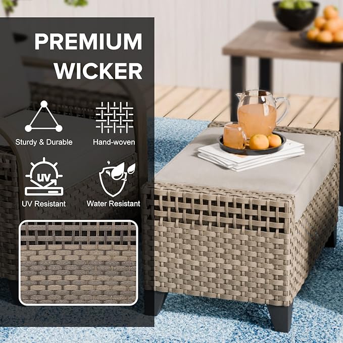 COOS BAY Modern Wicker Outdoor Furniture Set, Patio Conversation Set with 2 Seat Loveseat, and Ottomans, 3 Piece, Brown/Gray