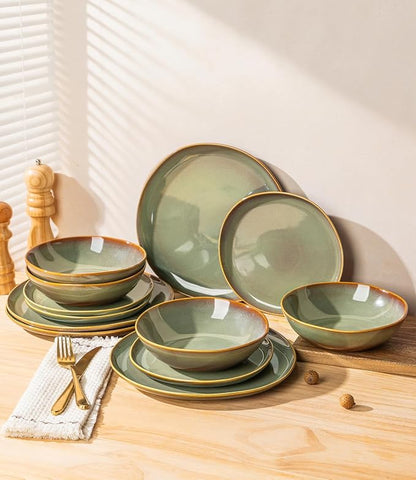 TheTerra Ceramic Dinnerware Set for 4, 12-Piece Plates and Bowls Set | Lightweight Porcelain Dish Set, Scratch Resistant, Oven & Microwave & Dishwasher Safe, Sage Umber