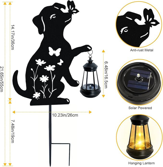 Dog Outdoor Solar Lantern Waterproof, Birthday Gifts for Christmas Women Mom, Solar Hanging Lights with Butterfly Metal Figurine, Garden Decor Outside Patio Yard Pathway Backyard Ornaments, 2 Pack