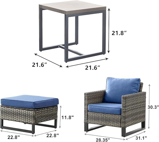 Wicker Outdoor Patio Furniture Set - 5 Piece Patio Conversation Set with 2 Wicker Armrest Chairs,2 Rattan Ottoman and 1 Metal Side Table for Outside Porch Deck Backyard Garden(Mixed Grey/Blue)