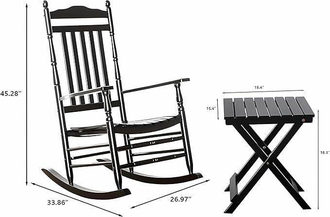Outdoor Patio Rocking Chairs Folding Side Table Set of 3 Piece Porch Wooden Rockers Small Foldable End Table Furniture Indoor Outside Camping Balcony Garden Lawn and Bistro, Black