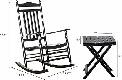 Outdoor Patio Rocking Chairs Folding Side Table Set of 3 Piece Porch Wooden Rockers Small Foldable End Table Furniture Indoor Outside Camping Balcony Garden Lawn and Bistro, Black