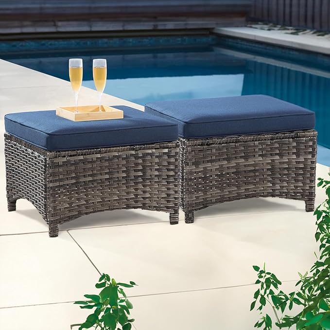 4 Piece Patio Furniture Set, 2 Swivel Glider Chairs and 2 Ottomans PE Wicker Footstool, Outdoors Rattan Conversation Set with Deep Seating and Olefin Cushions, for Backyard, Garden, Navy