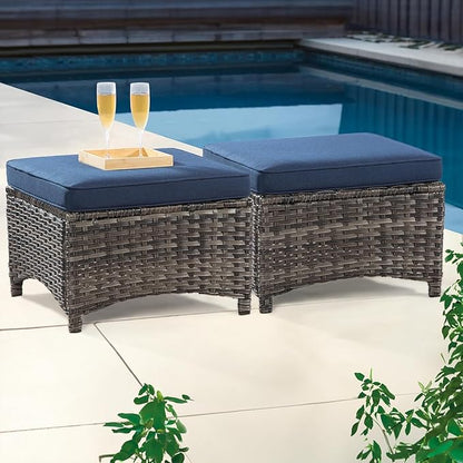 4 Piece Patio Furniture Set, 2 Swivel Glider Chairs and 2 Ottomans PE Wicker Footstool, Outdoors Rattan Conversation Set with Deep Seating and Olefin Cushions, for Backyard, Garden, Navy
