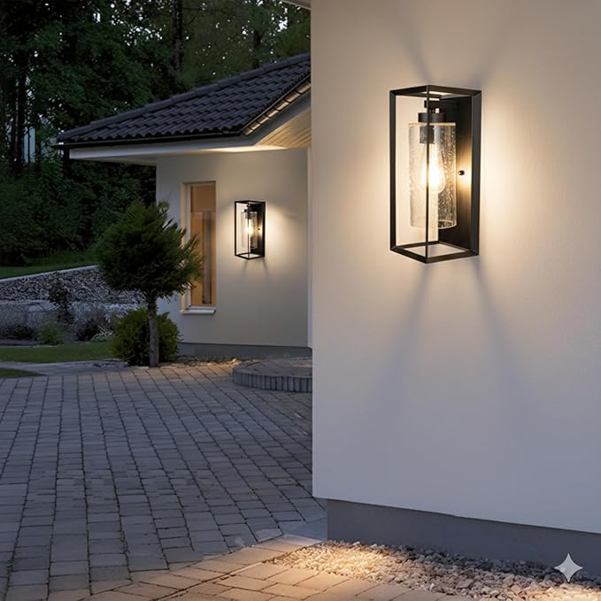 Craly 14" Outdoor Wall Sconce, Exterior Waterproof Wall Light Lantern with Hand-Crafted Clear Seeded Glass Shade, Matte Black, Outside Porch Lights Fixtures for Patio Front Door Entryway 2 Pack