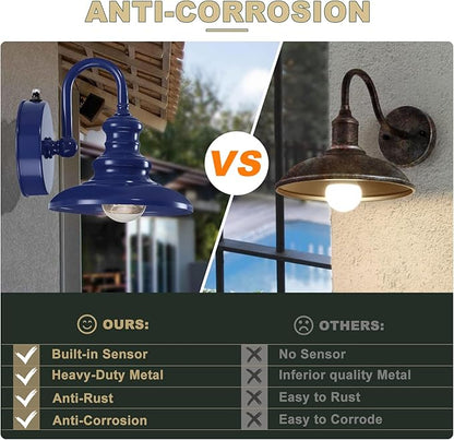 LONEDRUID Dusk to Dawn Sensor Outdoor Gooseneck Barn Light Fixtures Blue Exterior Wall Sconce Lighting Rustic Outside Porch Lantern Farmhouse Wall Mount Lamp for House Garage Patio