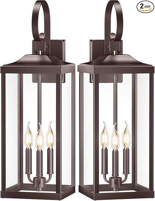 2 Packs 24" Extra Large 3-Light Outside Wall Light Fixture, Oil Rubbed Bronze Outdoor Porch Lantern Wall Mounted, Waterproof Modern Brown Outside Wall Sconce Coach Lamp for House, E12
