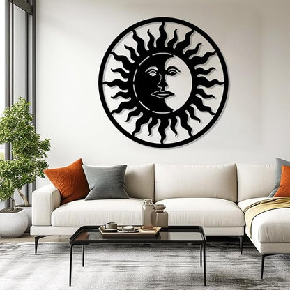 Sun and Moon Wall Decor, Metal Sun and Moon Wall Art, Boho Wall Art, Large Modern Wall Sculpture, Celestial Wall Hanging, Home Decor, Indoor Outdoor Wall Decor (Black, 28"x28"|70x70cm)