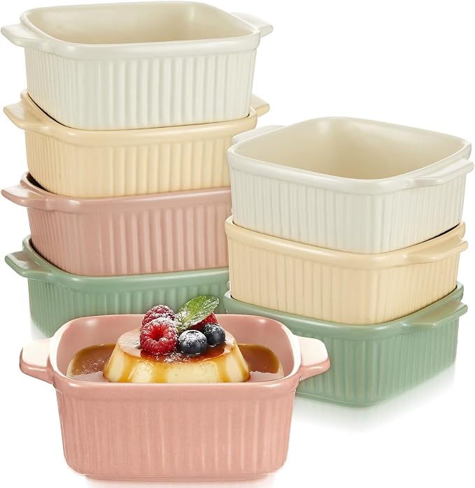 LemonRoad 8 Pcs Small Ceramic Baking Dishes with Dual Handles, 13.5 oz Oven Safe Individual Casserole Pan Ramekin Bowls Microwave Dishwasher Safe for Serving, Desserts Storage(Square)