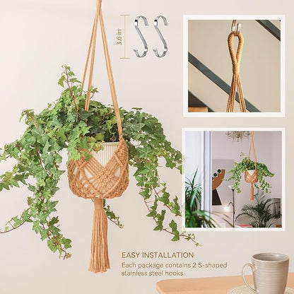 Hanging Planter with Patterns,2Packs Macrame Plant Hangers Indoor Macrame for up to 8 inch Pot Crochet Boho Plant Hanger Holder for Indoor Outdoor with 2S Shaped Stainless Steel Hooks (Caramel)