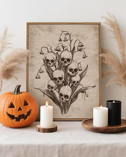 InSimSea Framed Canvas Prints Art Vintage Decor, Gothic Skull Flowers Painting, Rustic Dark Academia Wall Art for Bathroom, Halloween Living Room Witchy Room Wall Cottagecore Decor, 12x16inch