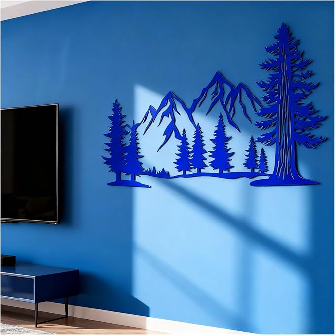 Metal Mountain Wall Art, Large Size Mountain Wall Decor, Tree Art Wall Hangings For Living Room, Bedroom, Outdoor(White,41x23 in/105x58cm)