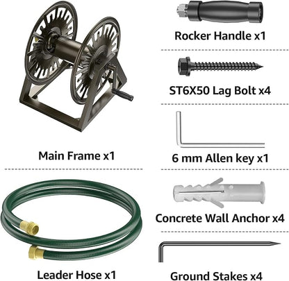 GOFORWILD Heavy-Duty Decorative Garden Hose Reel - Wall/Floor Mount with 200-Ft Capacity for 5/8 Hose Outdoor Hose Holder Winder for Lawn, Yard & Garden Storage