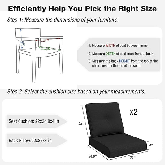 Joyside Outdoor Chair Cushions Set, 22x25/22x24 Inch Patio Furniture Deep Seat Cushions, Water Resistant & Thick Cushion, Outdoor Replacement Cushions for Seat and Sofa (Black, 2 Set)