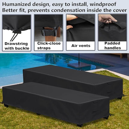 Waterproof Patio Lounge Chair Cover 2 Pack Outdoor Chaise Lounge Covers 600D Weather Resistant Material, UV Protection, Windproof Design Outside Furniture Covers 80" x 28" x 14" H,Black