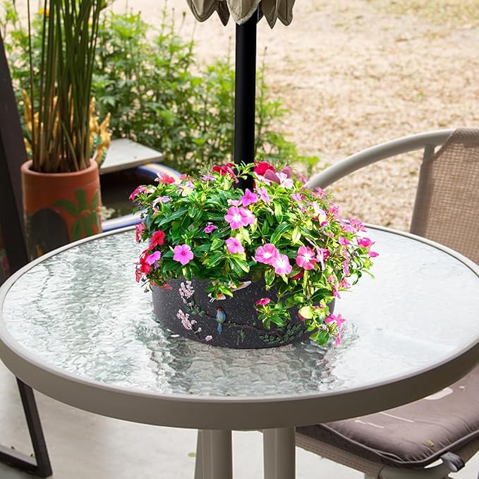 Patio Umbrella Planter 2 pcs Wrap Around Umbrella Planter with Umbrella Hole Half Round Flower Pot Black Outdoors with Drainage Holes（11.41 * 11.41 * 4.72inch） On Patio Table