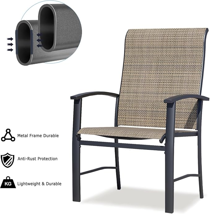 Patio Dining Chairs Set of 2, Outdoor Dining Chairs with High Back, Metal Outdoor Chair Set with Comfort and Durability, Patio Chair for Deck Lawn Kitchen Garden Backyard, Mocha