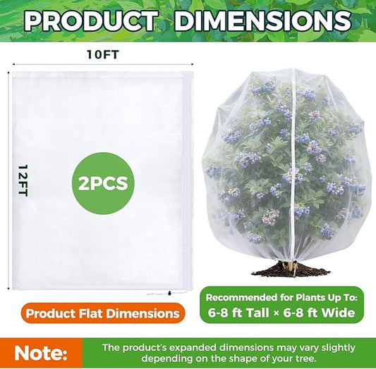 Blueberry Bush Netting Cover 2 Pack 10 x 12 ft, Garden Bird Netting for Rabbiteye Blueberries, Reusable Fruit Tree Netting with Zipper & Drawstring, Protects from Birds, Deer, Insects and Poultry