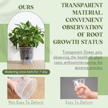 Wonderjune Self Watering Pots for Indoor Plants with Deep Reservoir and High Drainage Holes for Outdoor Plants and Flowers, Bare Root Planter(8.27'',Clear,6 Pcs)