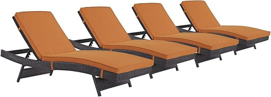 Modway Convene Wicker Rattan Outdoor Patio Chaise Lounge Chairs in Espresso Orange - Set of 4