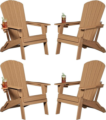 Plawdlik Folding Adirondack Chair, SGS Tested, Wooden Textured with Cup Holder, Heavy All-Weather HDPE Comfortable Set Poolside Backyard Lawn Teak Set 4