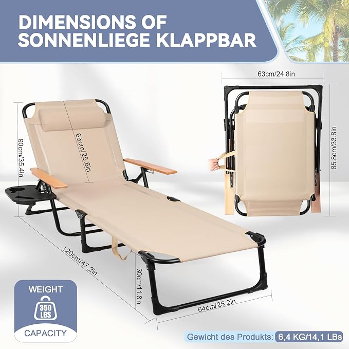 Beach Lounge Chairs with Armrests, 4-Position Folding Lounge Chairs for Outside, Sunbathing Portable Lounge Chaise, Tanning Chair Pillow & Cup Holder, for Outside Beach Pool (Beige)