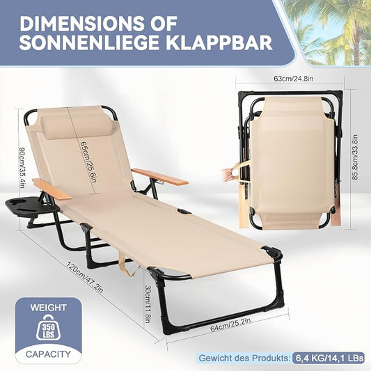 Beach Lounge Chairs with Armrests, 4-Position Folding Lounge Chairs for Outside, Sunbathing Portable Lounge Chaise, Tanning Chair Pillow & Cup Holder, for Outside Beach Pool (Beige)