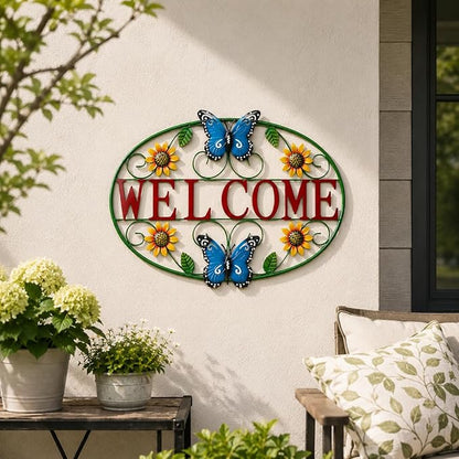Glitzhome Metal Welcome Sign, Outdoor Metal Welcome Signs for Outside with Vivid Butterfly Wall Decor, Sunflower Garden Art Plaque for Porch Home Decoration