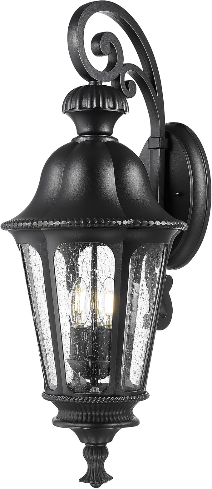 Outdoor Light Fixtures, HWH Exterior Wall Sconce Lantern with Seeded Glass, 29'' Large Outdoor Wall Lamp Antique Porch Light for Patio Garage Entryway, Matte Black Finish, 5HW90B-L BK