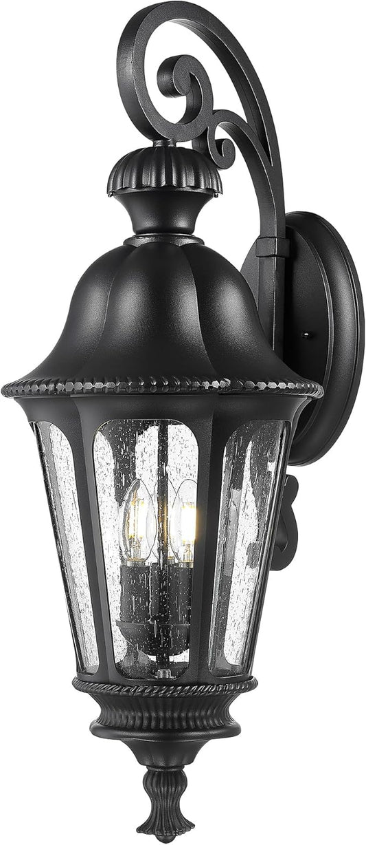 Outdoor Light Fixtures, HWH Exterior Wall Sconce Lantern with Seeded Glass, 29'' Large Outdoor Wall Lamp Antique Porch Light for Patio Garage Entryway, Matte Black Finish, 5HW90B-L BK