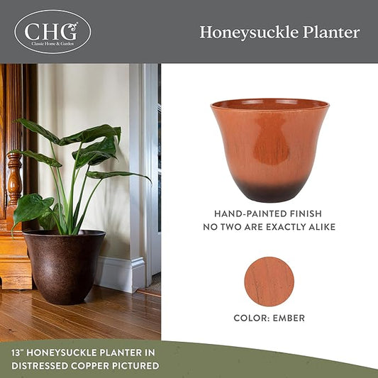 Classic Home and Garden Honeysuckle Resin Planters - Lightweight Indoor & Outdoor Plant Pots - UV-Resistant Plastic Flower Pots - Pot Planters for Flowers & Herbs (13" Orange Ember)