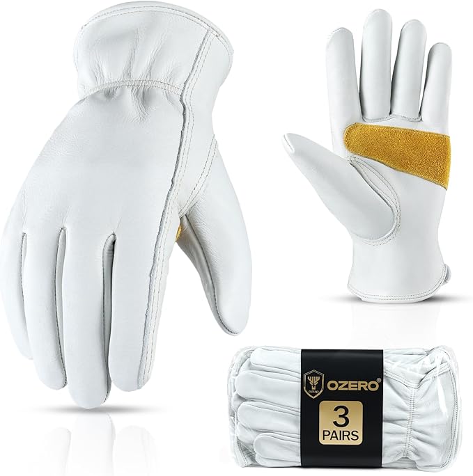 OZERO Leather Work Gloves for Men, Cowhide Gardening Gloves with Reinforced Palm, Flexible Keystone Thumb, Elastic Wrist