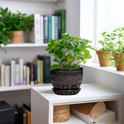 G EPGardening Ceramic Plant Pot - 5.5 Inch Ceramic Planter for Indoor Plants, Boho Round Indoor Flower Pot with Drainage Hole and Saucer, Plant Lover Gifts, Garden Home Room Decor, Black