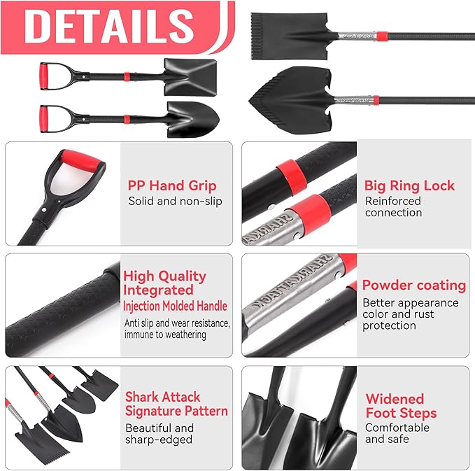 SHARK ATTACK 5-Piece Steel Shovel Spade Set with D-Grip Handles - Multi-Size Garden Shovels with Powder Coating for Digging, Planting & Car Emergency