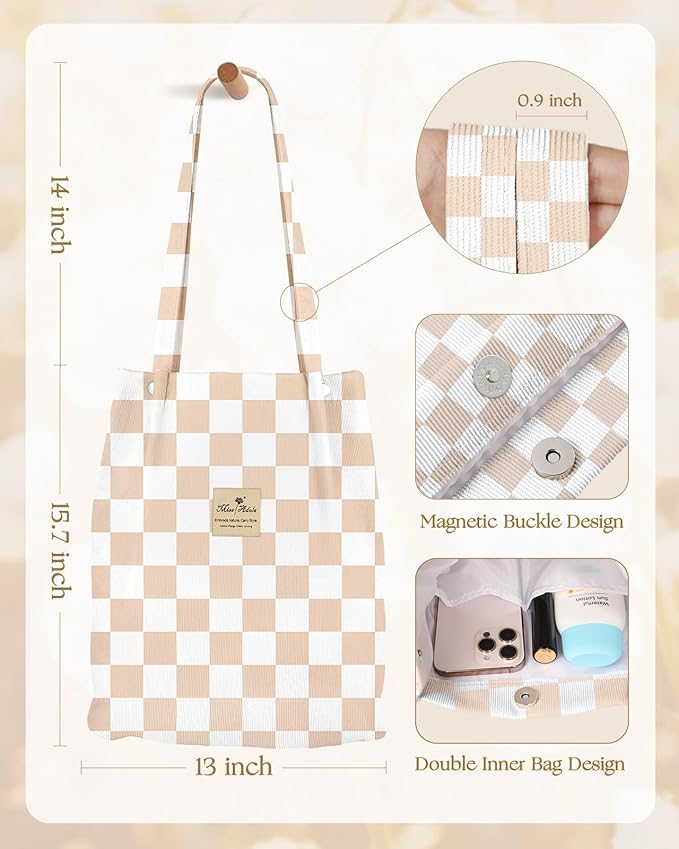 Miss Adola Corduroy Tote Bag for Women - Reusable Totes with Magnetic Buckle & Pocket Aesthetic Design Work Grocery Bags