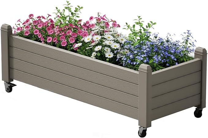 Raised Garden Bed with Wheels Outdoor, Resin Planter Box with Drain Hole and Water Level Detector for Backyard, Patio, Balcony(Gray)