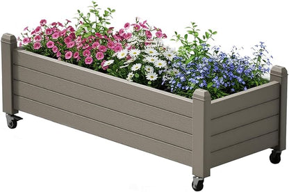Raised Garden Bed with Wheels Outdoor, Resin Planter Box with Drain Hole and Water Level Detector for Backyard, Patio, Balcony(Gray)