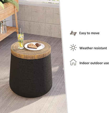 HOMPUS Outdoor Concrete Side Table, Patio Black Side Table, Small Outdoor Accent End with Wood Grain Top, Cylinder Shaped Round for Patio, Outside, Black