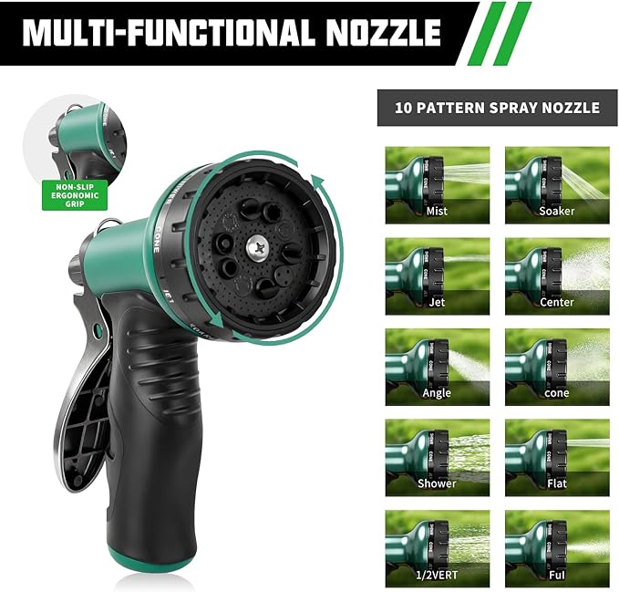 50FT Premium Garden Hose Ultra Lightweight Non-Expanding Design 50 FT Watering Hose with 10 Function Nozzle, Kink & Tangle-Free, Leakproof & Pressure Resistant for Yard/Lawn/Camping (Green)