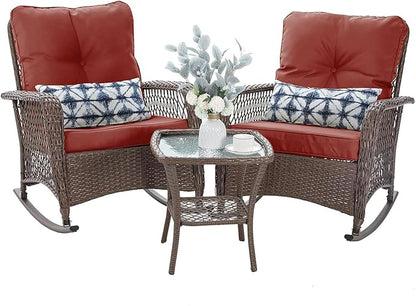 Patio Furniture Set 3 Pieces, Rocking Bistro Set with Thick Cushions, Brown Wicker Outdoor Rocker Chairs and Coffee Table for Porch, Backyard or Garden (Red)