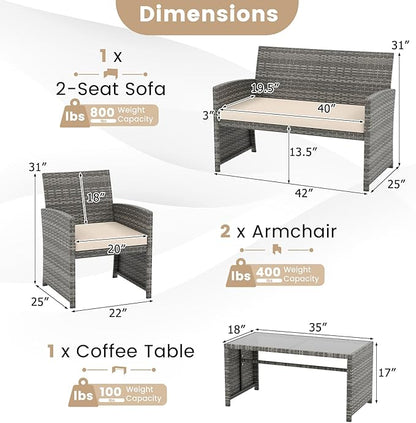 Tangkula 8 Piece Patio Wicker Furniture Set, Outdoor Heavy Duty Rattan Cushioned Chairs, Loveseat and Tempered Glass Coffee Table, for Backyard, Balcony, Poolside