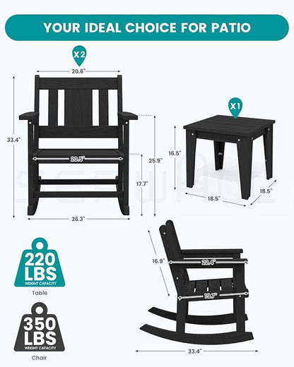 SERWALL 3 Piece Rocking Bistro Set, HDPE Patio Furniture Set with Bistro Table and Chairs for Backyard,Porch, Poolside, Balcony, and Garden- Black