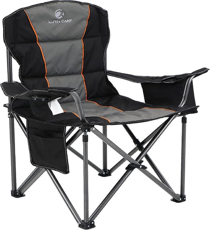 ALPHA CAMP Heavy Duty Camping Chair 500LBS Capacity, Oversized Folding Chair for Heavy People, Padded Portable Outdoor Chair with Cooler Bag & Cup Holder for Camping, Fishing, Beach